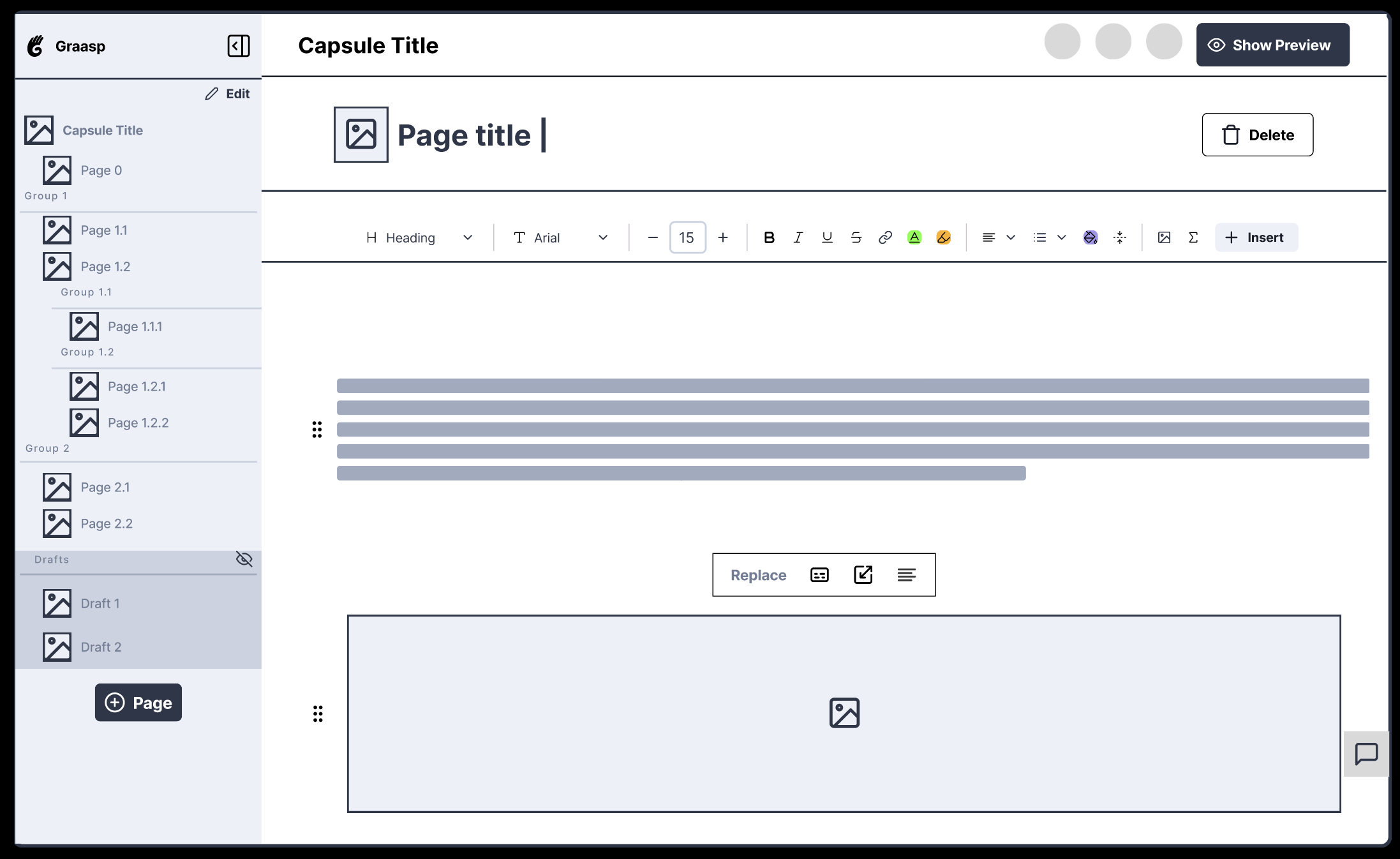 Graasp pages wireframe desktop edit